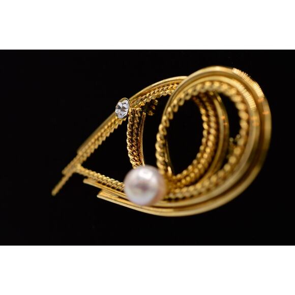 Vintage Pin Brooch Gold Rhinestone White Pearl Abstract 1980s 9B - Picture 3 of 12